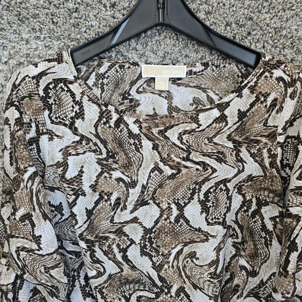 Michael Kors Top Womens XS Brown Snake Print‎ Semi Sheer Blouse Roll Tab Sleeve - Picture 4 of 7